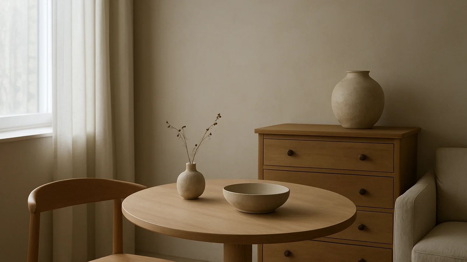Editorial photograph of a quiet interior detail, soft natural day