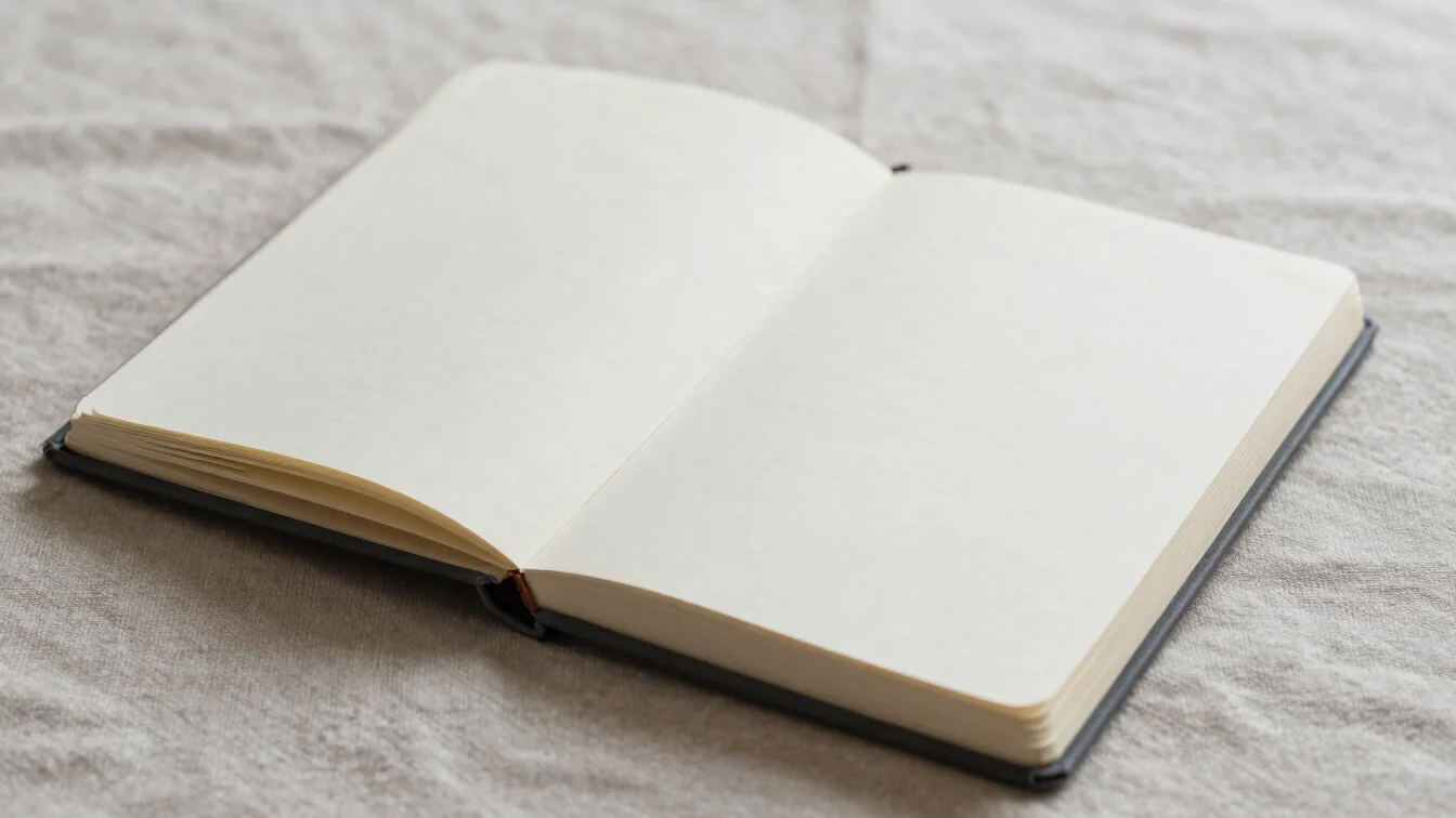 Close-focus photograph of an open notebook beside a neutral linen