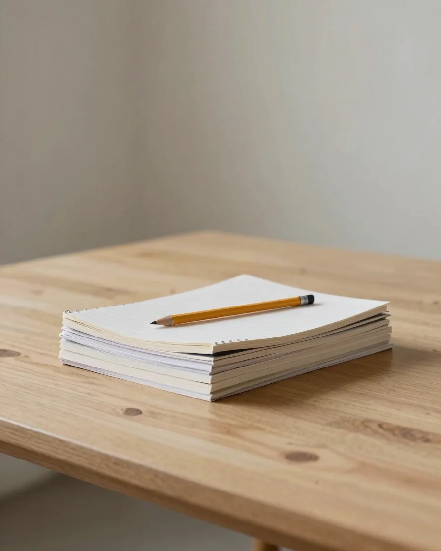 Soft daylight falling across a bare wooden studio table beside a