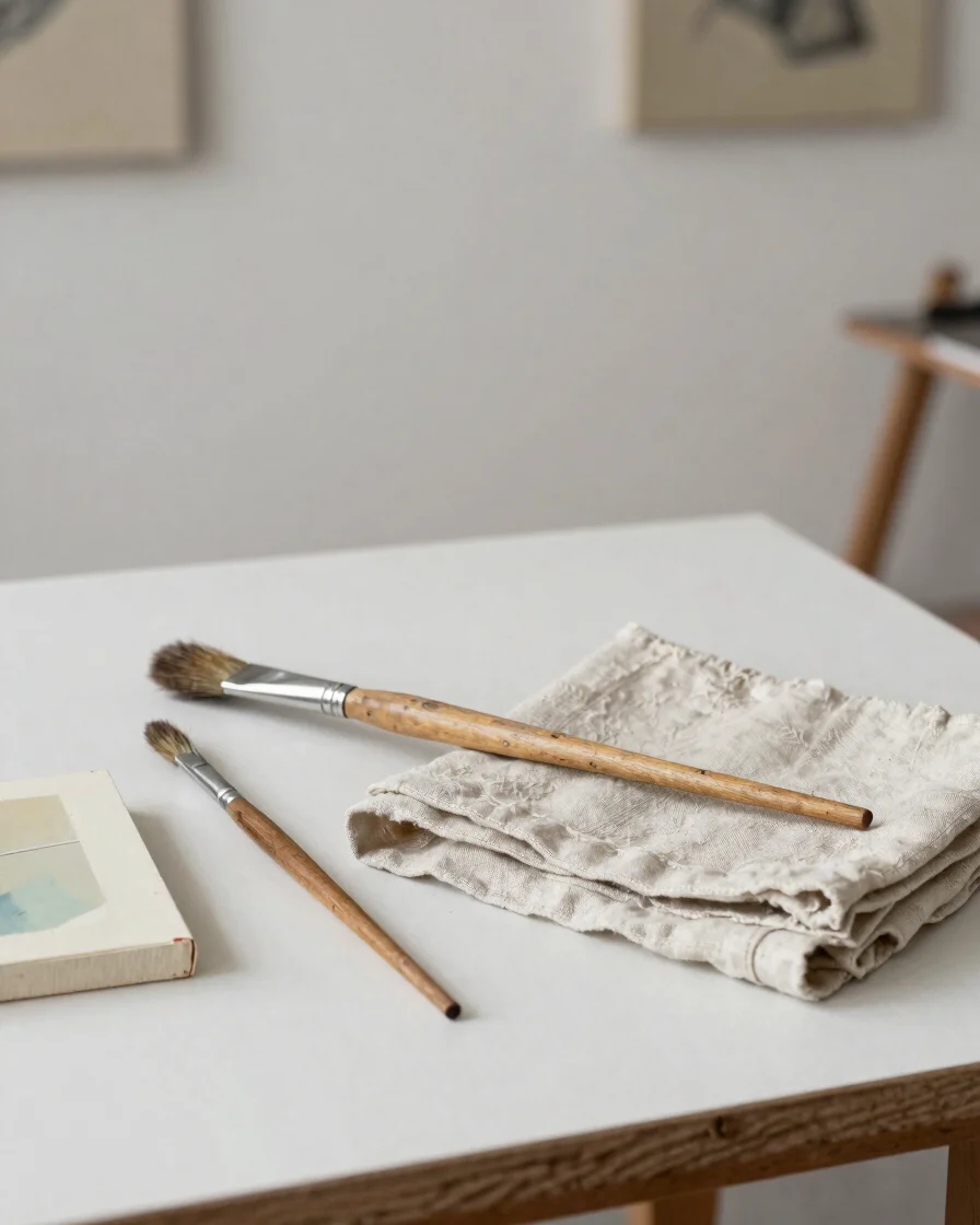 Editorial still life of an artist's studio table in soft diffused