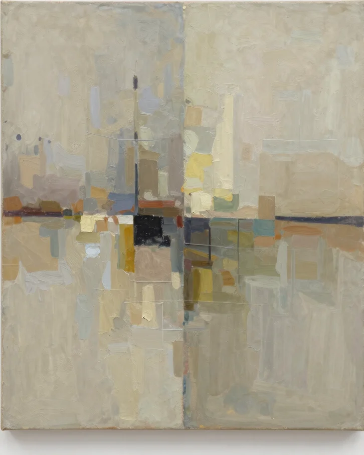 Editorial artwork photography of an original abstract oil painting, straight-on and fully framed, soft diffused daylight