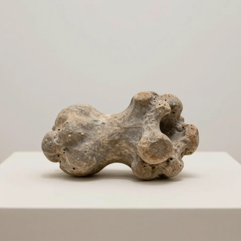 Editorial artwork photography of a single organic form resting on a pale surface, soft diffused daylight, neutral galler