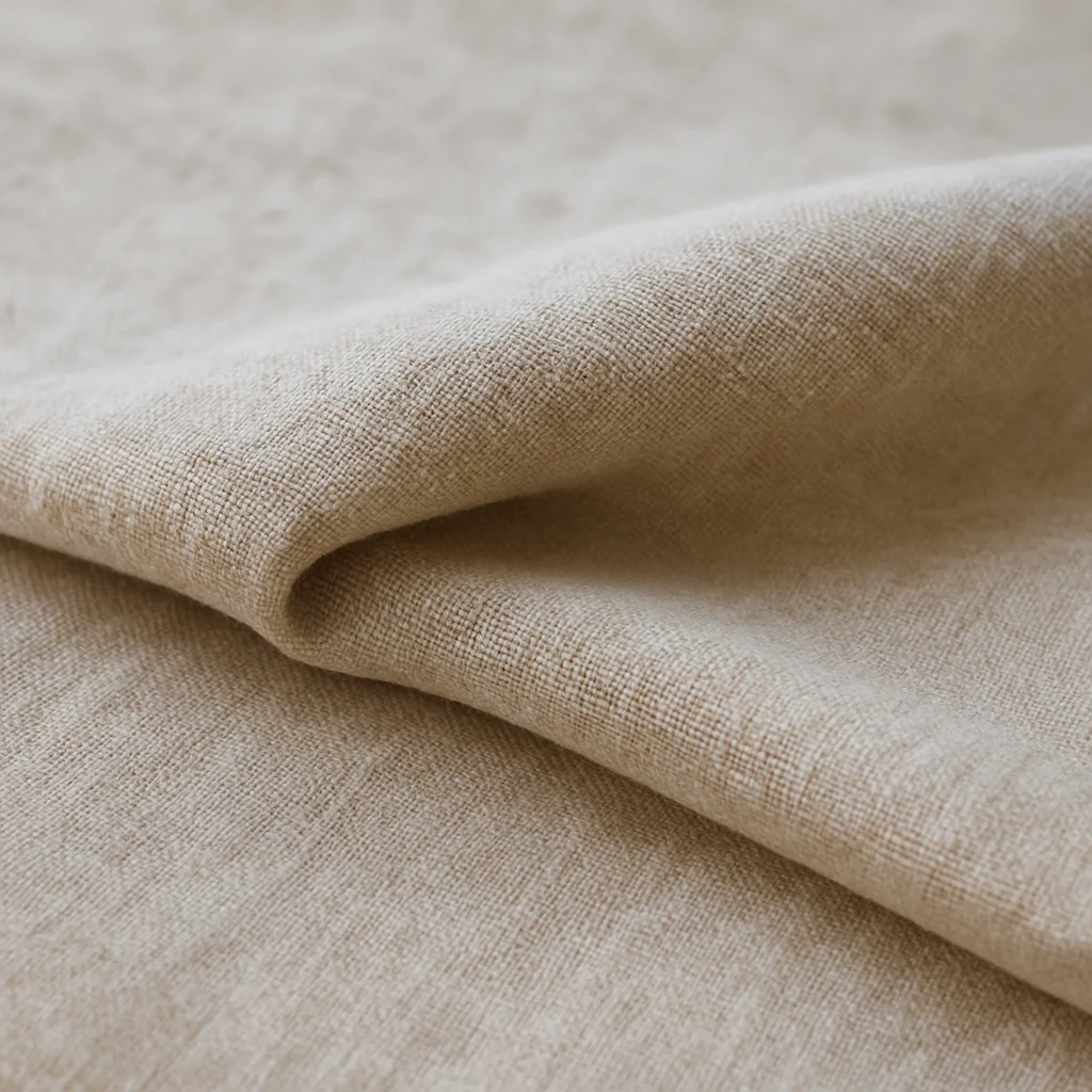 Editorial artwork photography of a folded linen texture in gentle light, neutral gallery tones, soft diffused daylight,