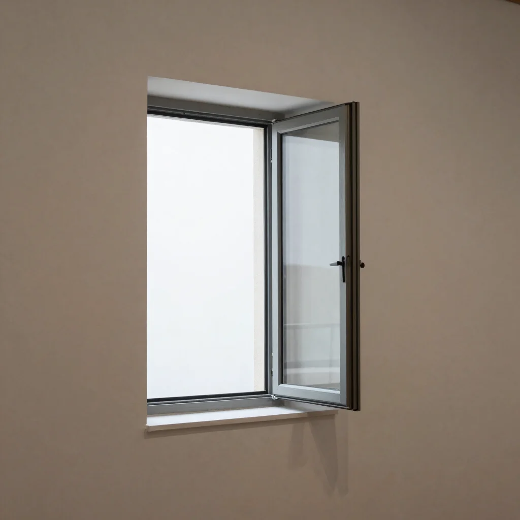 Editorial artwork photography of an open window reflecting pale daylight onto a plain wall, neutral gallery tones, soft